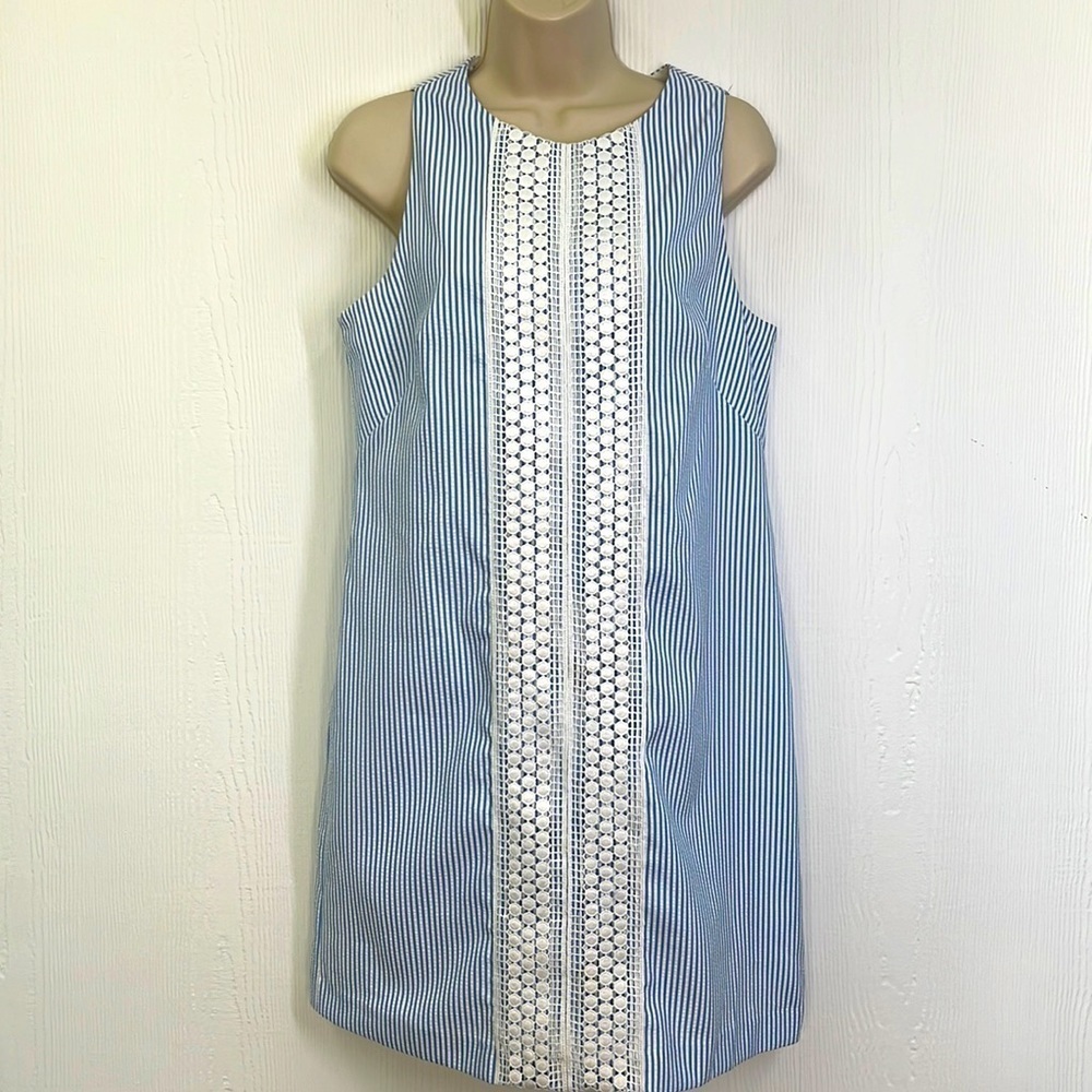 London Times - Crochet Lace Panel With Seersucker Blue & White Stripes Dress 6